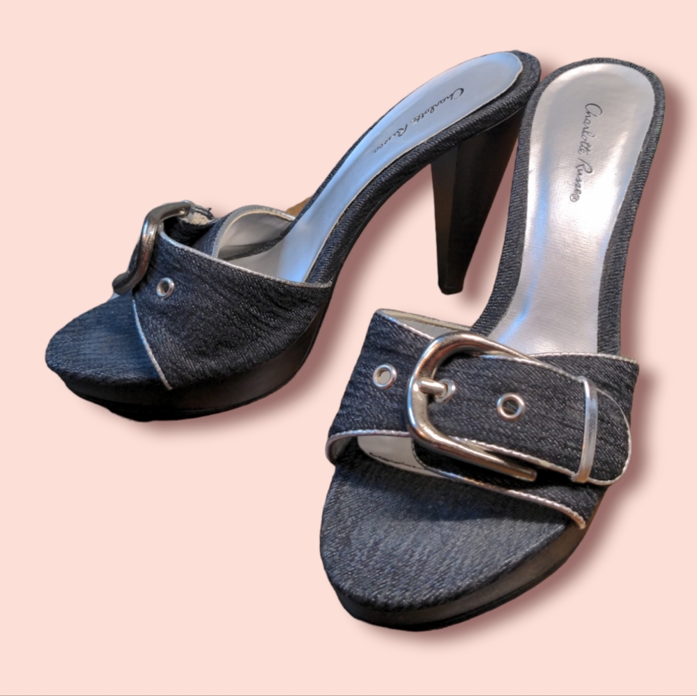 Dark Denim Buckle Heel 4 inch Sandal EUC
